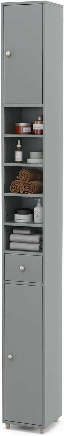 Giantex Slim Bathroom Storage Cabinet - 71" Tall Narrow Floor Cabinet Cupboard with 2 Doors, 5 Adjustable Shelves, 1 Drawer