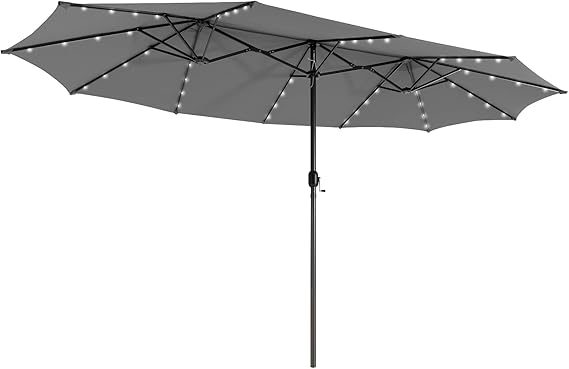 Giantex 15 ft Double Patio Umbrellas with 48 Solar LED Lights, Extra-Large Rectangle Umbrella, Gray