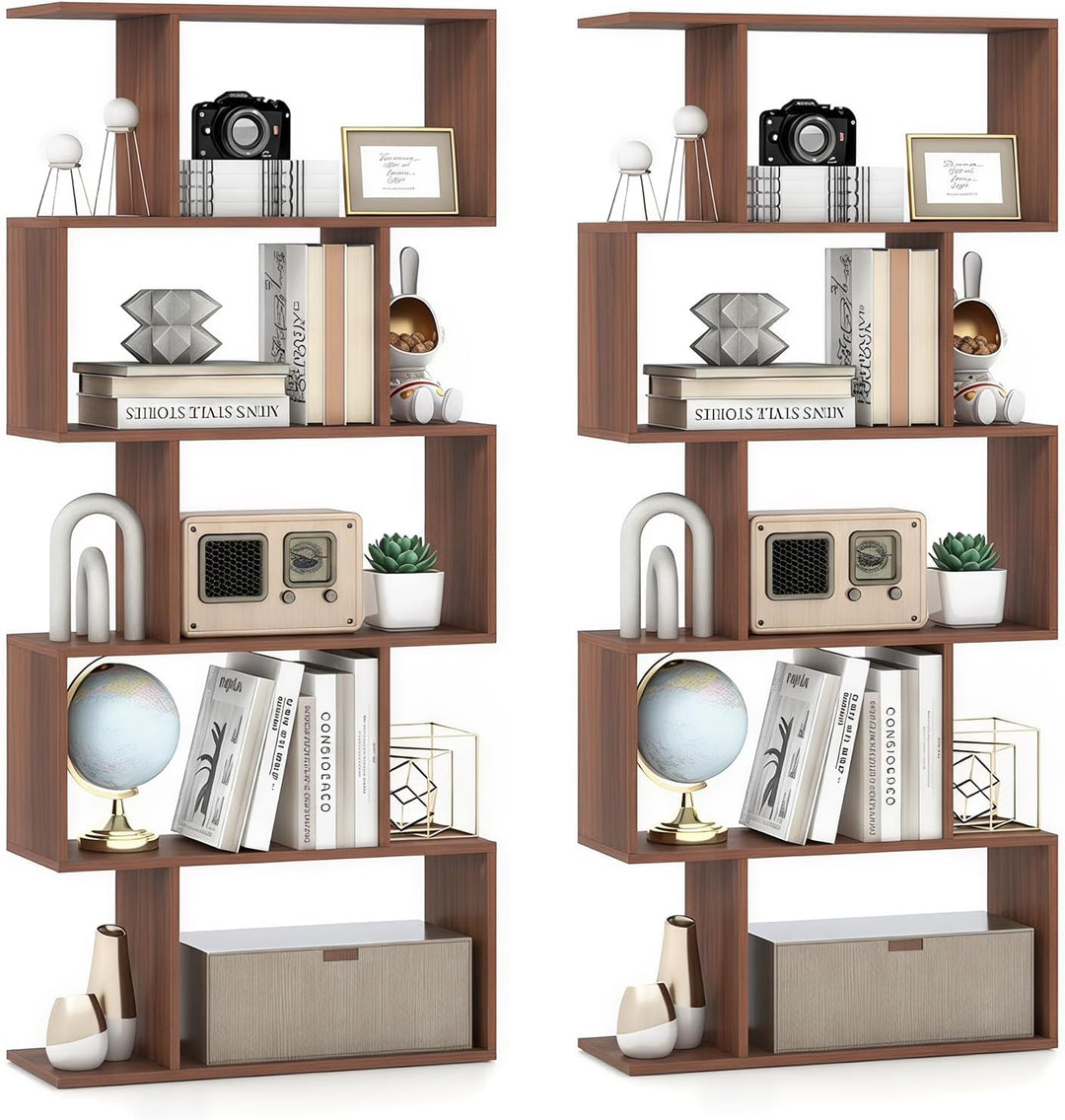 Giantex 5-Tier Geometric Bookshelf, 62.5" Tall Wood S-Shaped Bookcase with Anti-Tipping Device