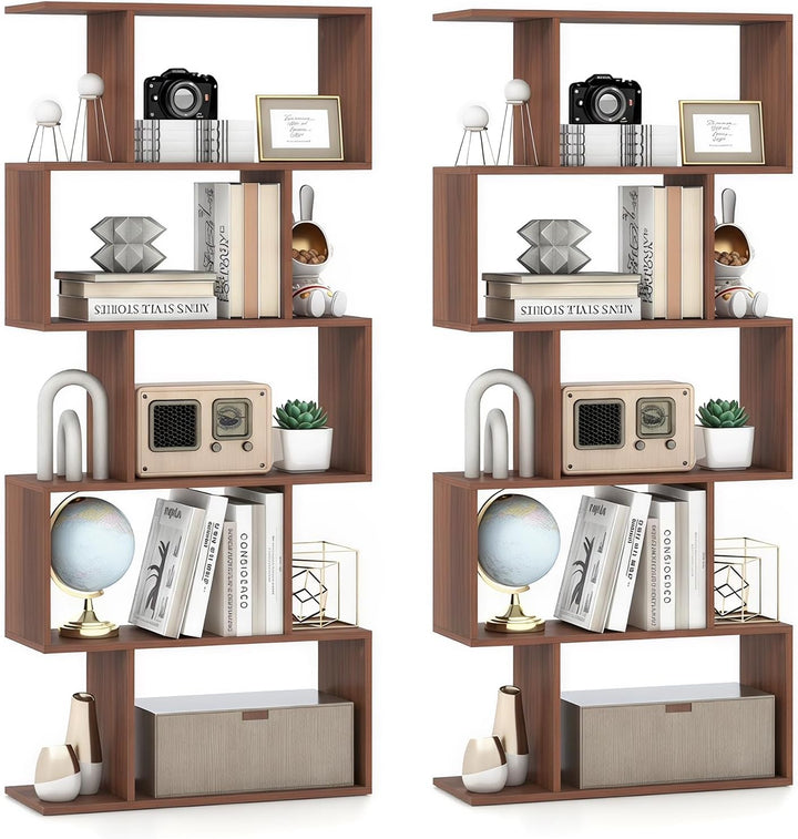Giantex 5-Tier Geometric Bookshelf, 62.5" Tall Wood S-Shaped Bookcase with Anti-Tipping Device
