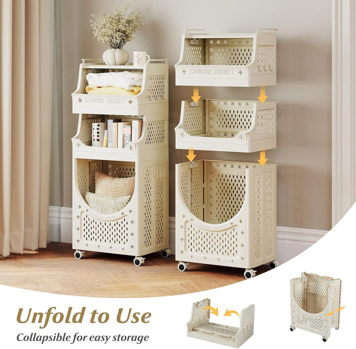 Giantex 4-Tier Rolling Laundry Cart with Wheels Folding Laundry Basket with 3 Baskets