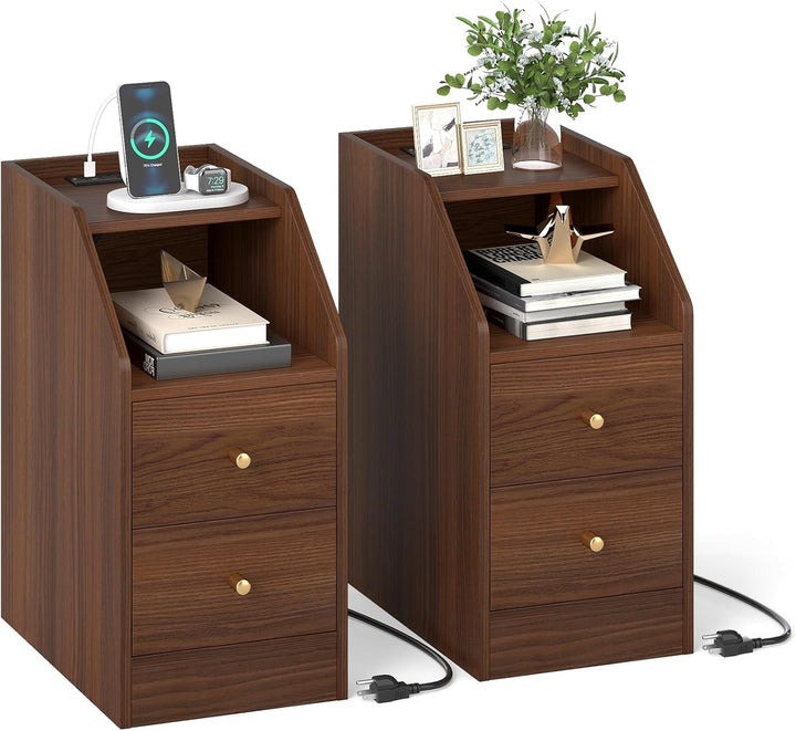 Giantex Side End Table with Charging Station Sofa Couch Table with Shelf Drawers