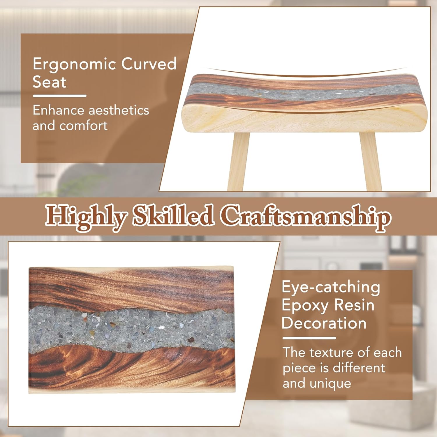 Giantex Teak Shower Bench, Fully Assembled Teak Shower Stool with Epoxy Resin Decoration and Curved Seat