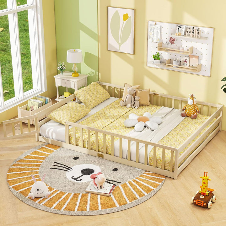 Giantex Floor Bed with Door & Fence Kids Wood Montessori Beds with Safety Guardrails