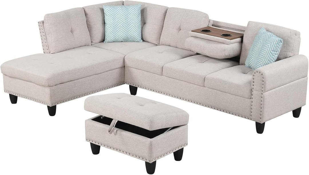 Giantex 98 Inches Sectional Sofa Couch with Movable Storage Ottoman and Linen Fabric Backs