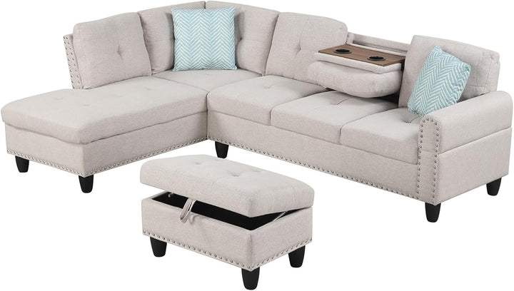 Giantex 98 Inches Sectional Sofa Couch with Movable Storage Ottoman and Linen Fabric Backs
