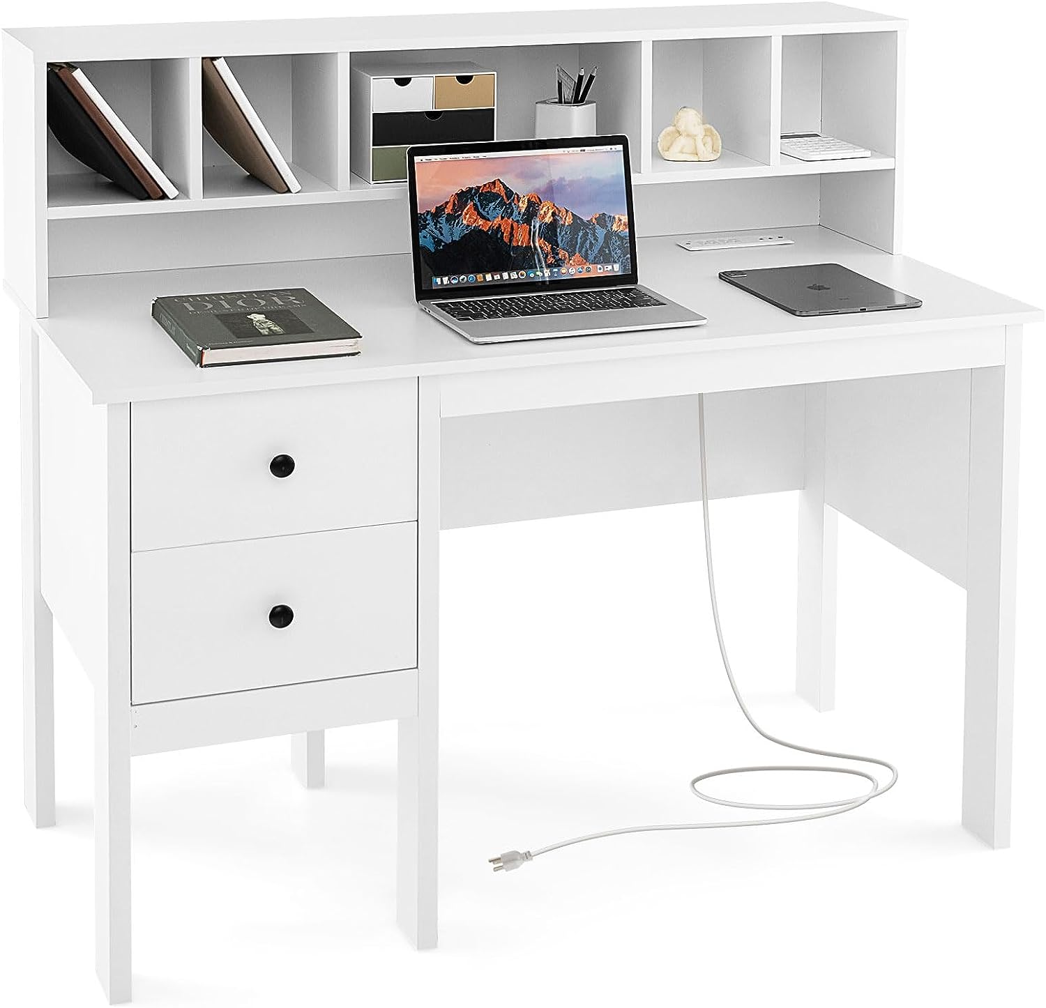 Giantex White Desk with Drawers and Power Outlet, 48" Home Office Computer Desk with 5-Cubby Hutch
