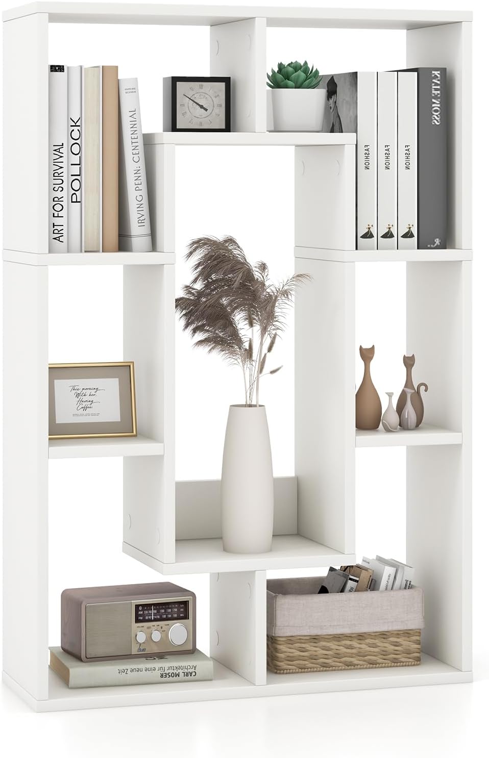 Giantex 7-Cube Bookcase White, Modern Freestanding Wooden Rectangular Bookshelf with Anti-Tipping Kits