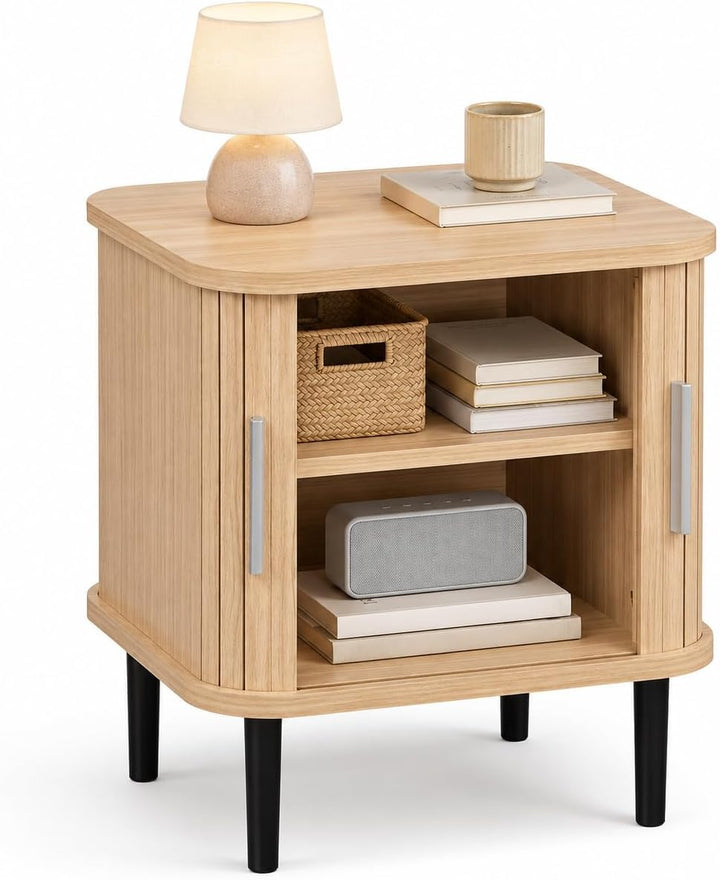 GIANTEX Fluted Nightstand with Sliding Doors &amp; Adjustable Shelf