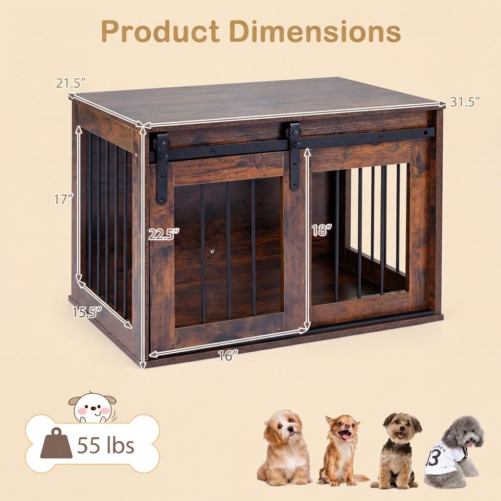 GIANTEX 31.5" Dog Crate Furniture with Sliding Barn Door, Wooden Dog Kennel | Heavy Duty Wood Pet Cage End Side Table