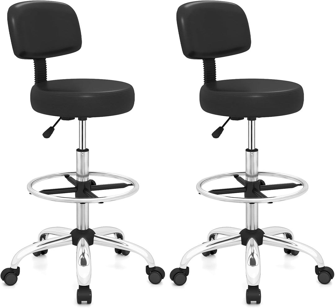GIANTEX Drafting Chair with Back, Adjustable Foot Rolling Stool with Wheels | PVC Leather Tall Office Chair w/ Thickened Cushion