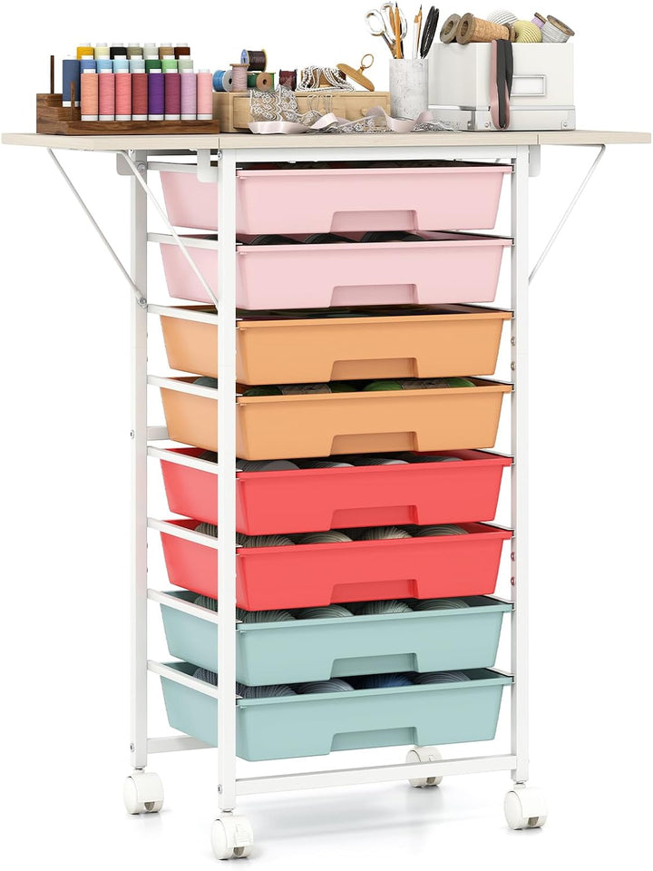 Giantex 8 Drawers Rolling Cart with Wheels, Folding Wood Top