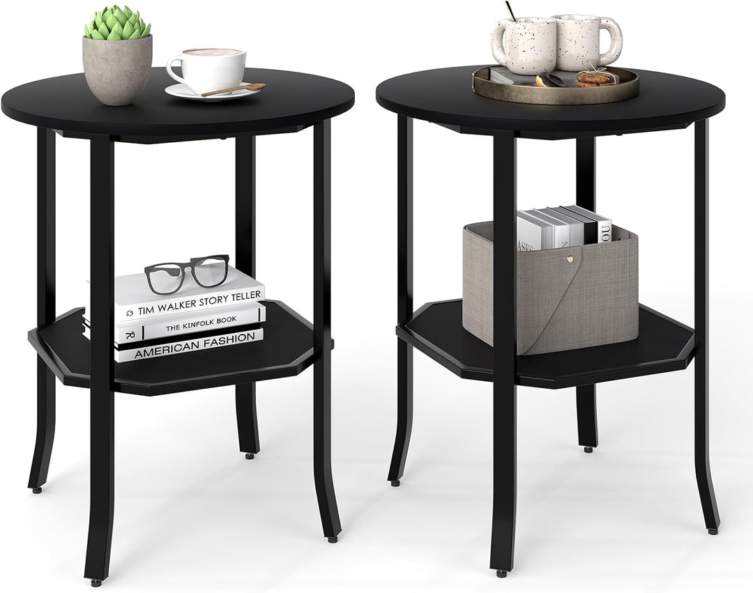 Giantex 2-Tier Round Small Sofa Couch End Table with Storage Shelf &amp; Steel Frame