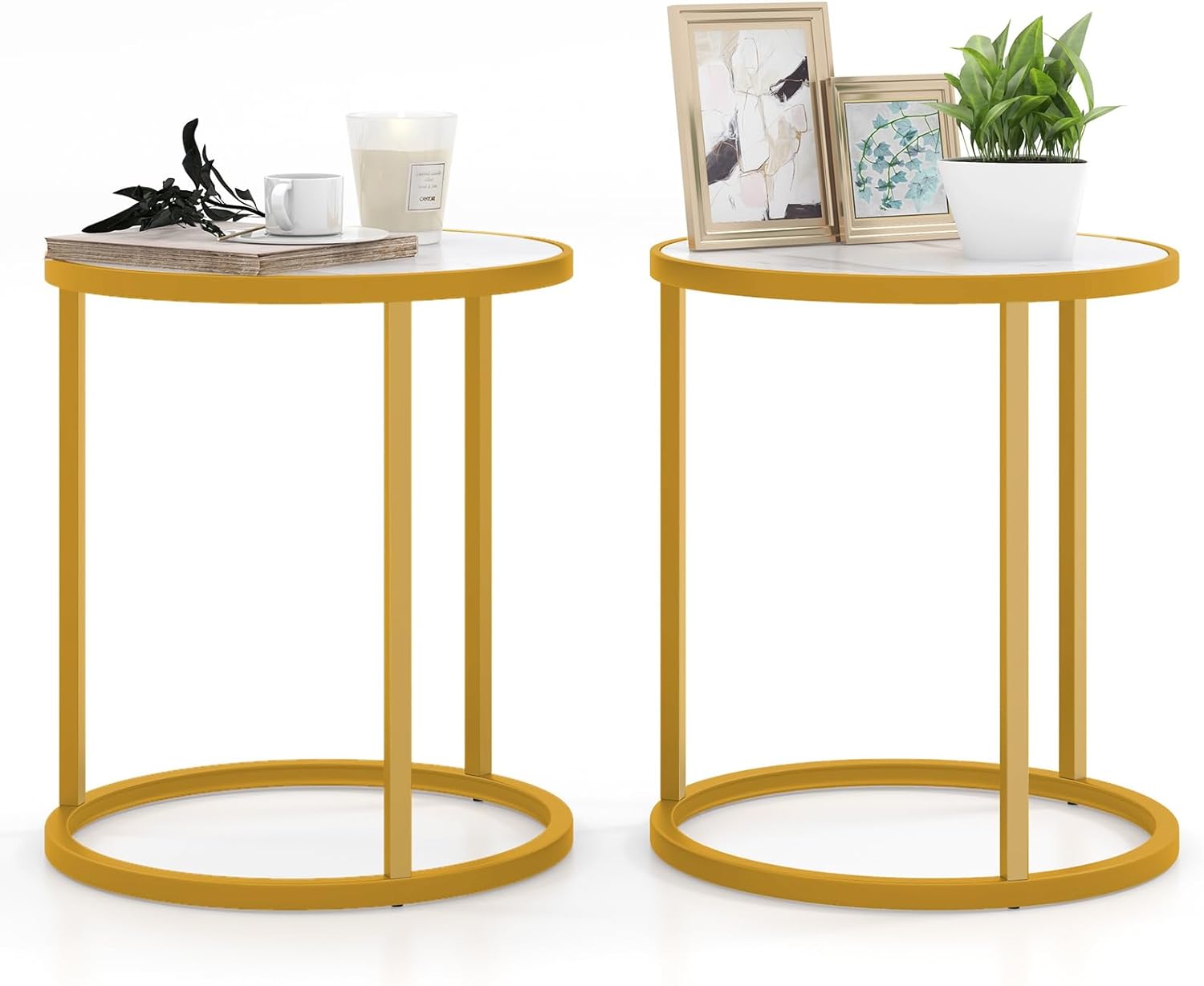 Giantex Faux Marble Side Table, Round End Table with Golden Metal Frame and White Marble Top