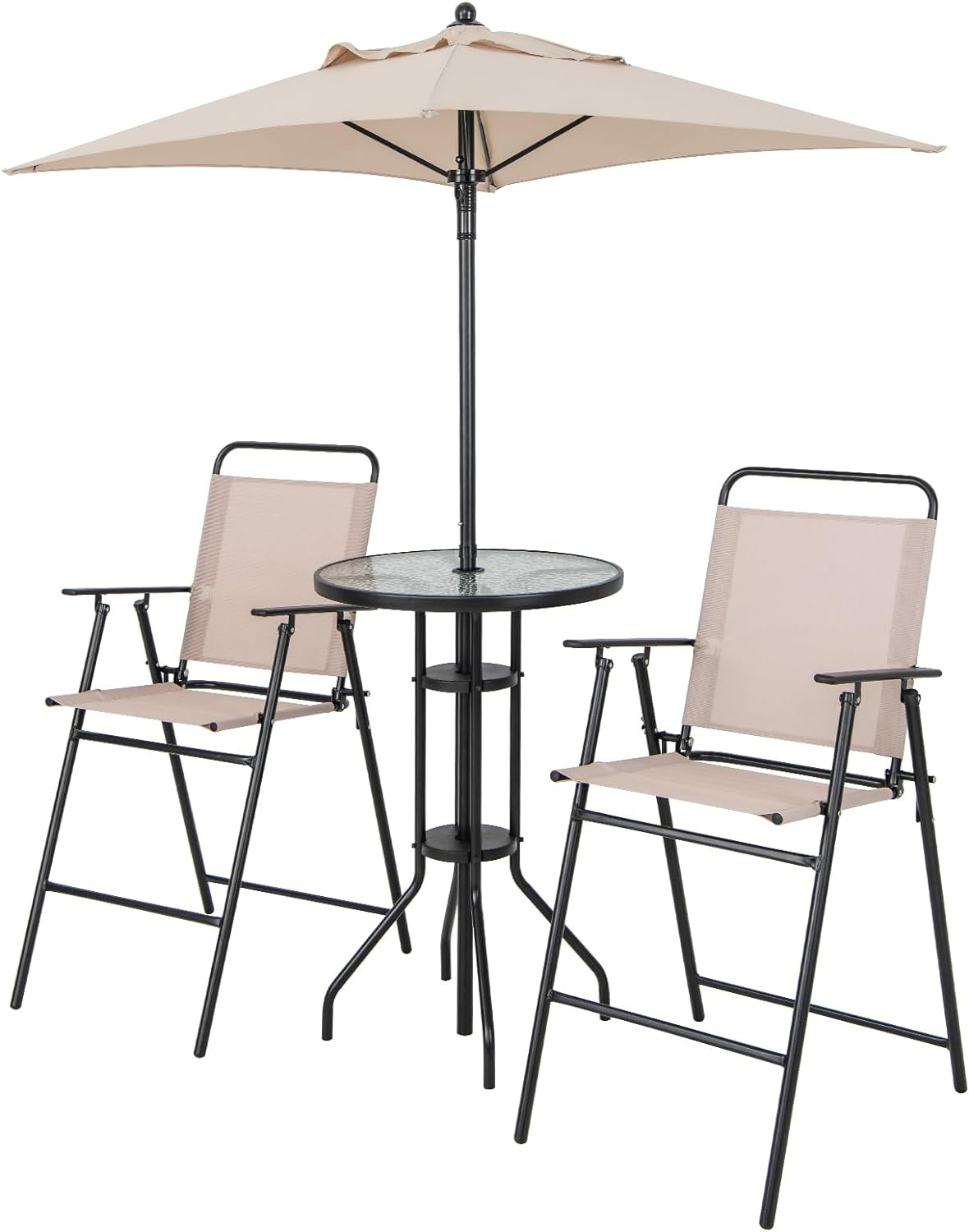 bar height patio table with umbrella 2 chairs Giantex 4-Piece Outdoor Bar Set, Round High Top Bar Table with 2 Folding Counter Height Chairs & Umbrella