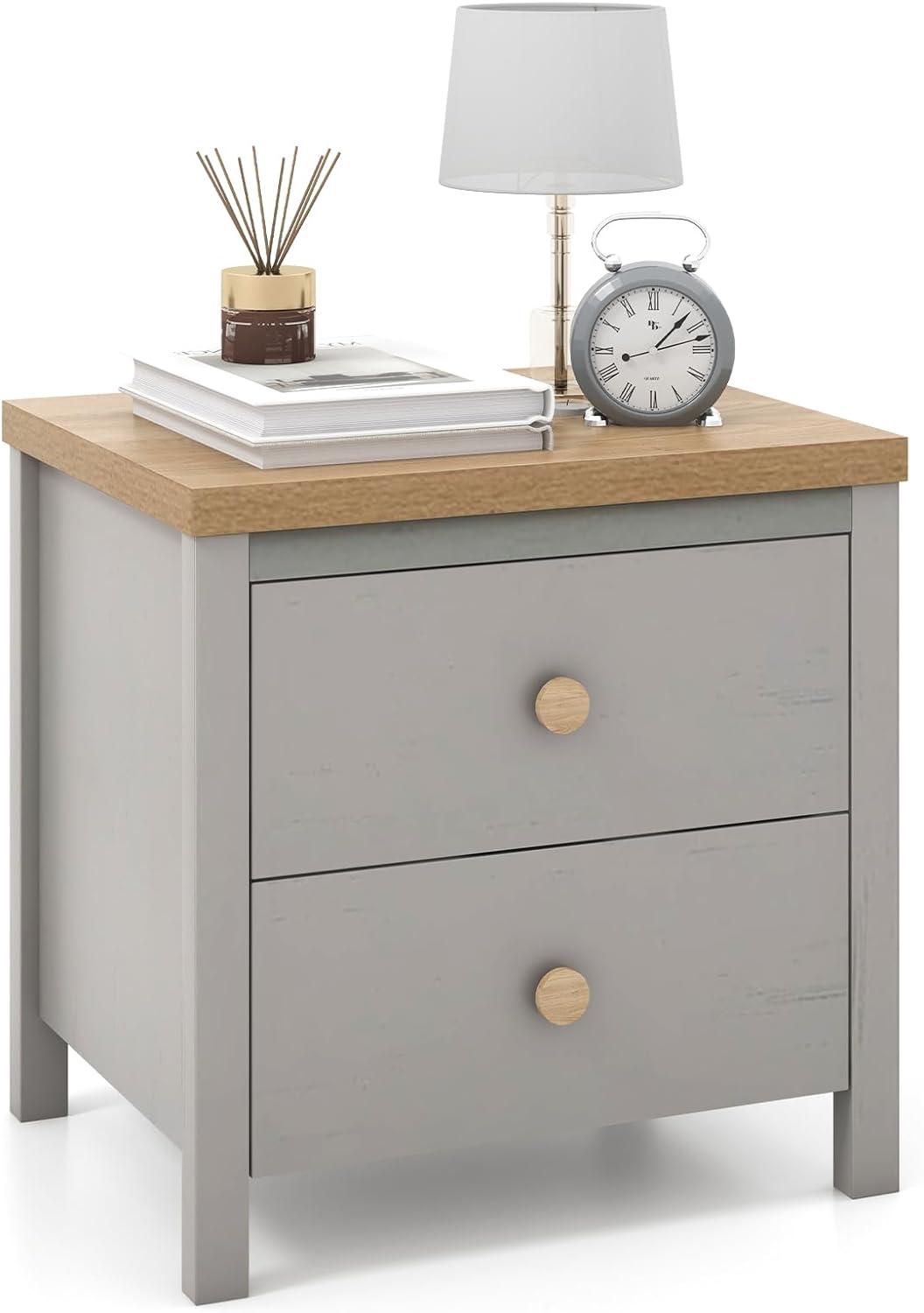 Giantex Night Stand with 2 Drawers, Farmhouse Bedside Table with Cute Round Knobs