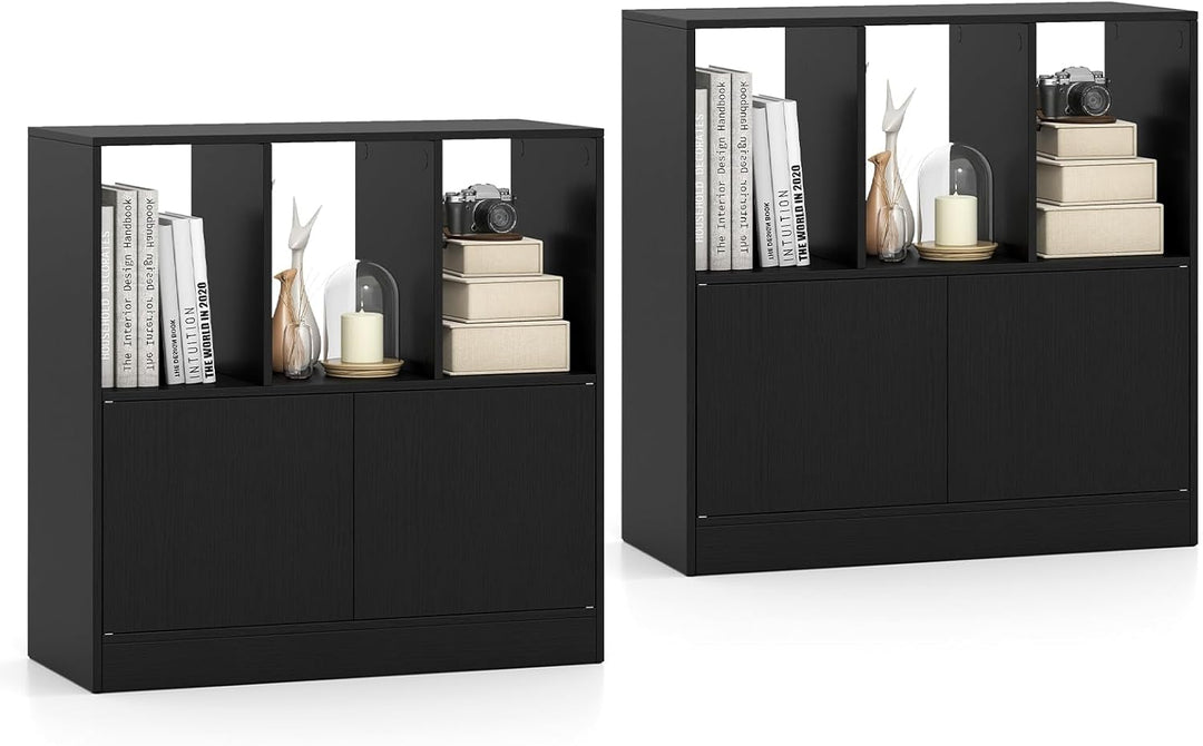 Giantex 3-Cube Bookcase with Doors | 3-Tier Cubic Bookshelf w/Open Compartments & Cabinet