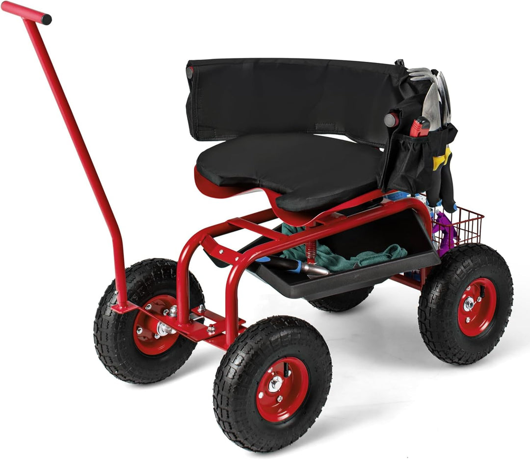 Giantex Garden Cart, Rolling Workseat with 4 Wheels, Tool Tray, Removable Cushion, Storage Basket