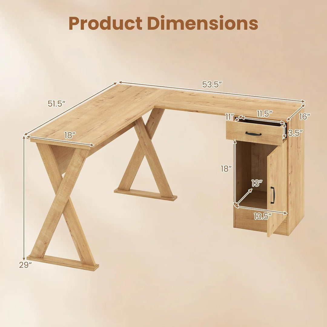 GIANTEX L-Shaped Computer Desk with Reversible Drawer &amp; Cabinet | Home Office Desk with X-shaped Structure