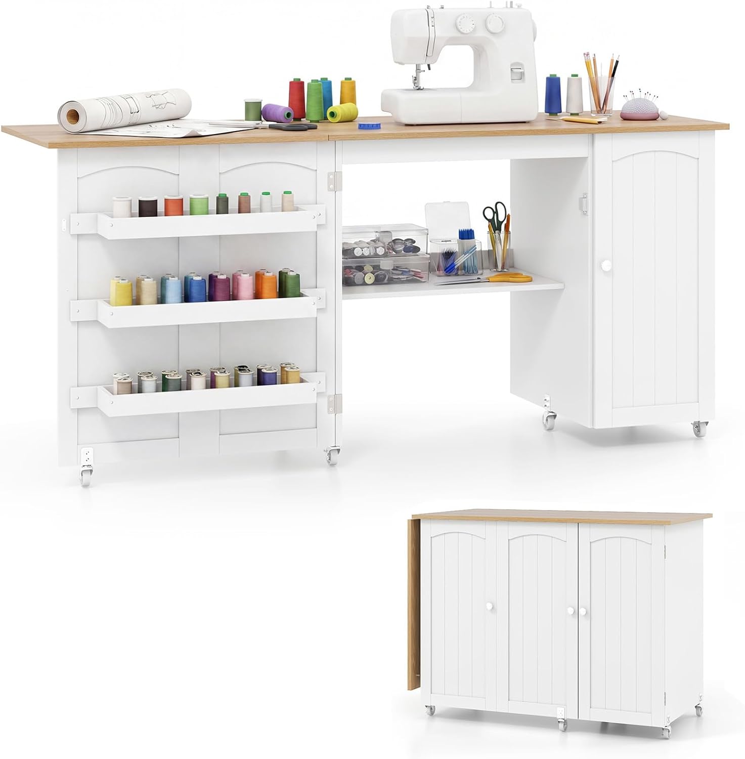 Giantex Folding Sewing Cabinet with 3 Storage Bins – Giantexus