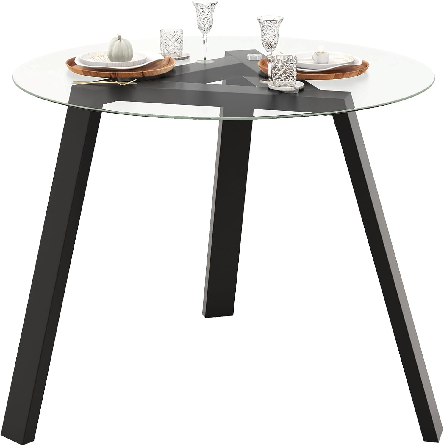 Giantex Round Glass Dining Table for 4 - Small Coffee Table with Rubber Wood Frame