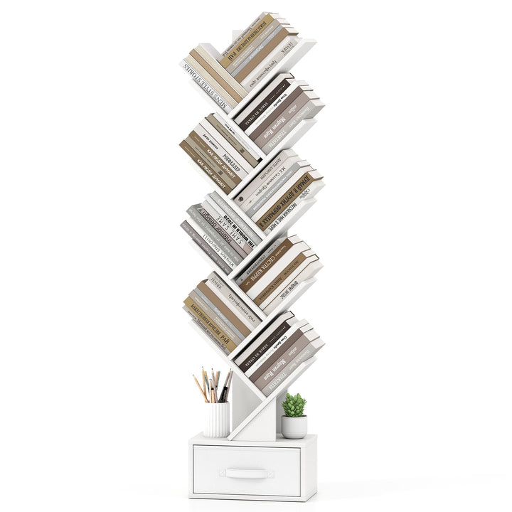 GIANTEX 9-Tier Tree Bookshelf | Tall Small Bookcase with Drawer