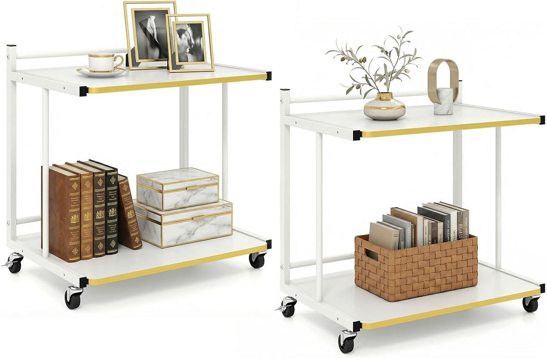 Giantex Mobile C-Shaped End Table - 2-Tier Sofa Couch Bed Side Table w/Open Storage Shelves & Golden Edge Banding