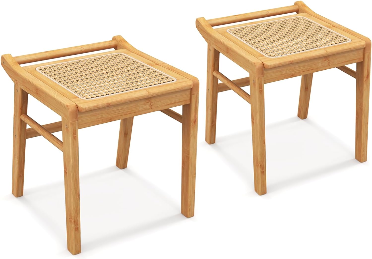 CHARMAID Vanity Stool, Bamboo Ottoman Foot Rest with Rattan Seat, Anti-Slip Foot Pads