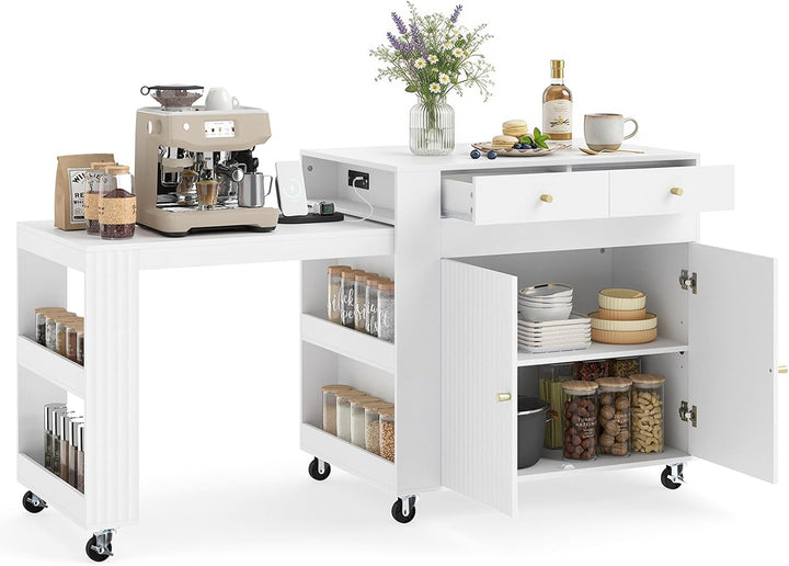 GIANTEX 72”-44.5” Extendable Kitchen Island with Storage, Power Outlet | Rolling Kitchen Island Table on Wheels w/Fluted Doors