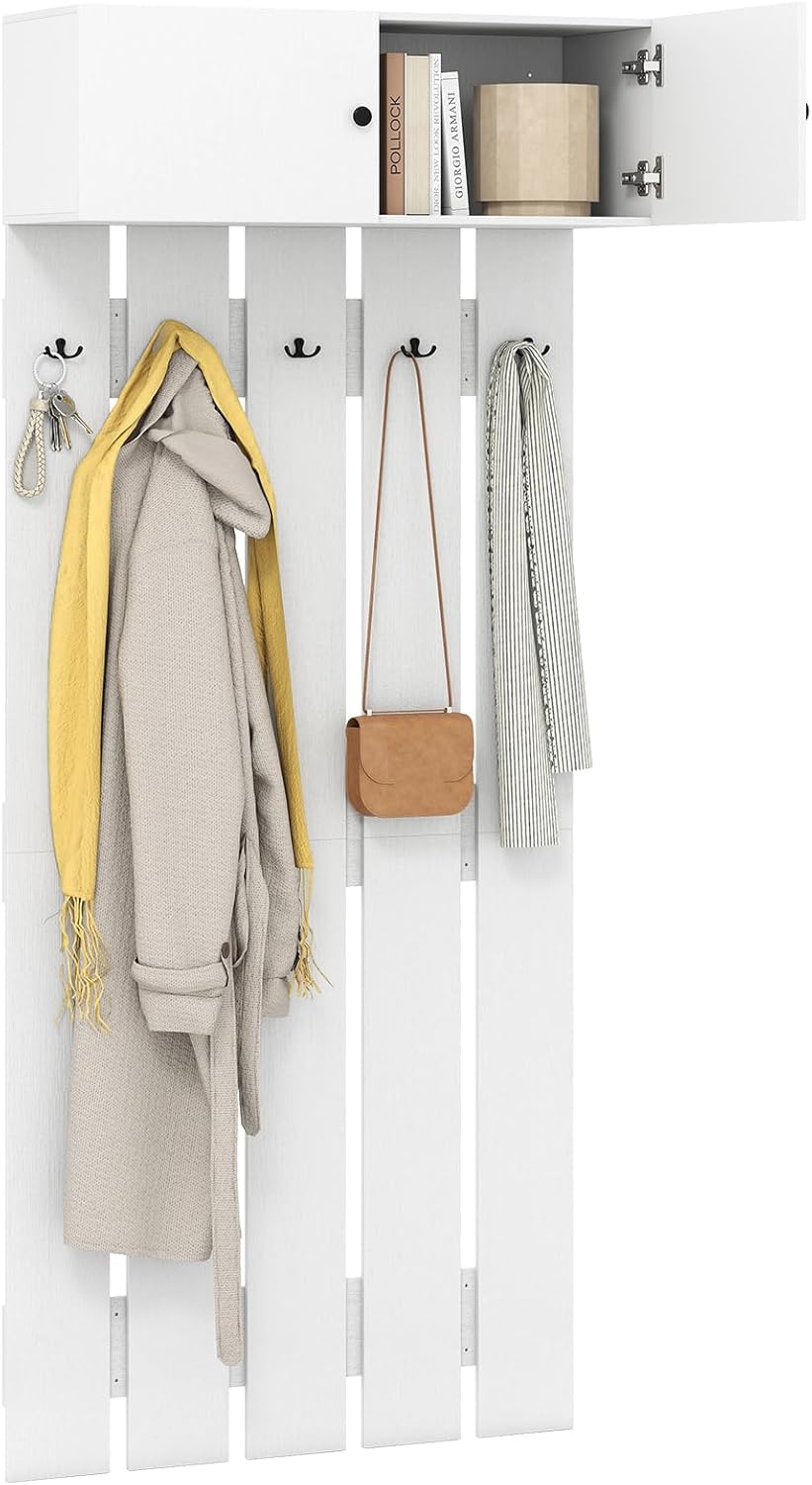 Giantex Wall Mounted Coat Rack 2-in 1 Hall Tree w/ 5 Double Hooks & 2-Door Cabinet