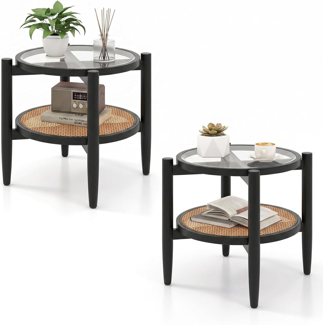 Giantex Rattan Round End Table Walnut Boho Nightstand with Tempered Glass Top and Acacia Wood Legs