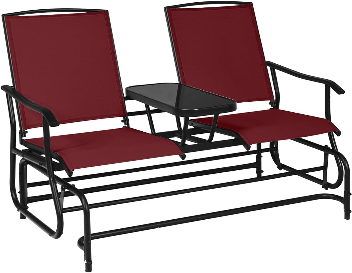 Giantex 2 Person Outdoor Double Glider Chair, Mesh Fabric Rocking Chair w/Center Tempered Glass Table