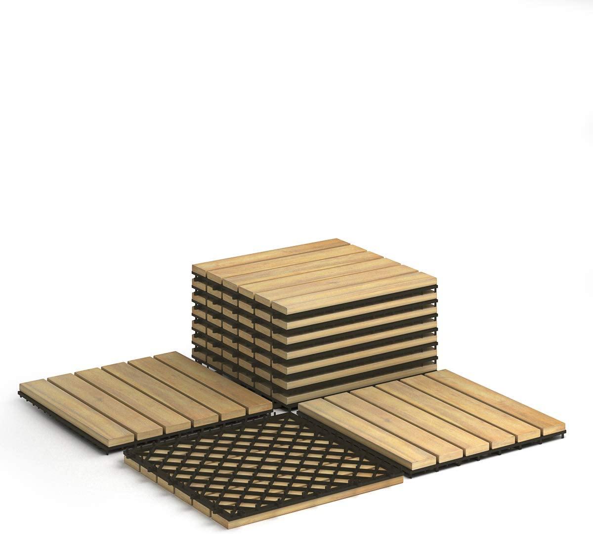 Giantex 27 PCS Interlocking Patio Deck Tiles, 12 x 12in Acacia Hardwood Floor Tiles, Tools Free Assembly
