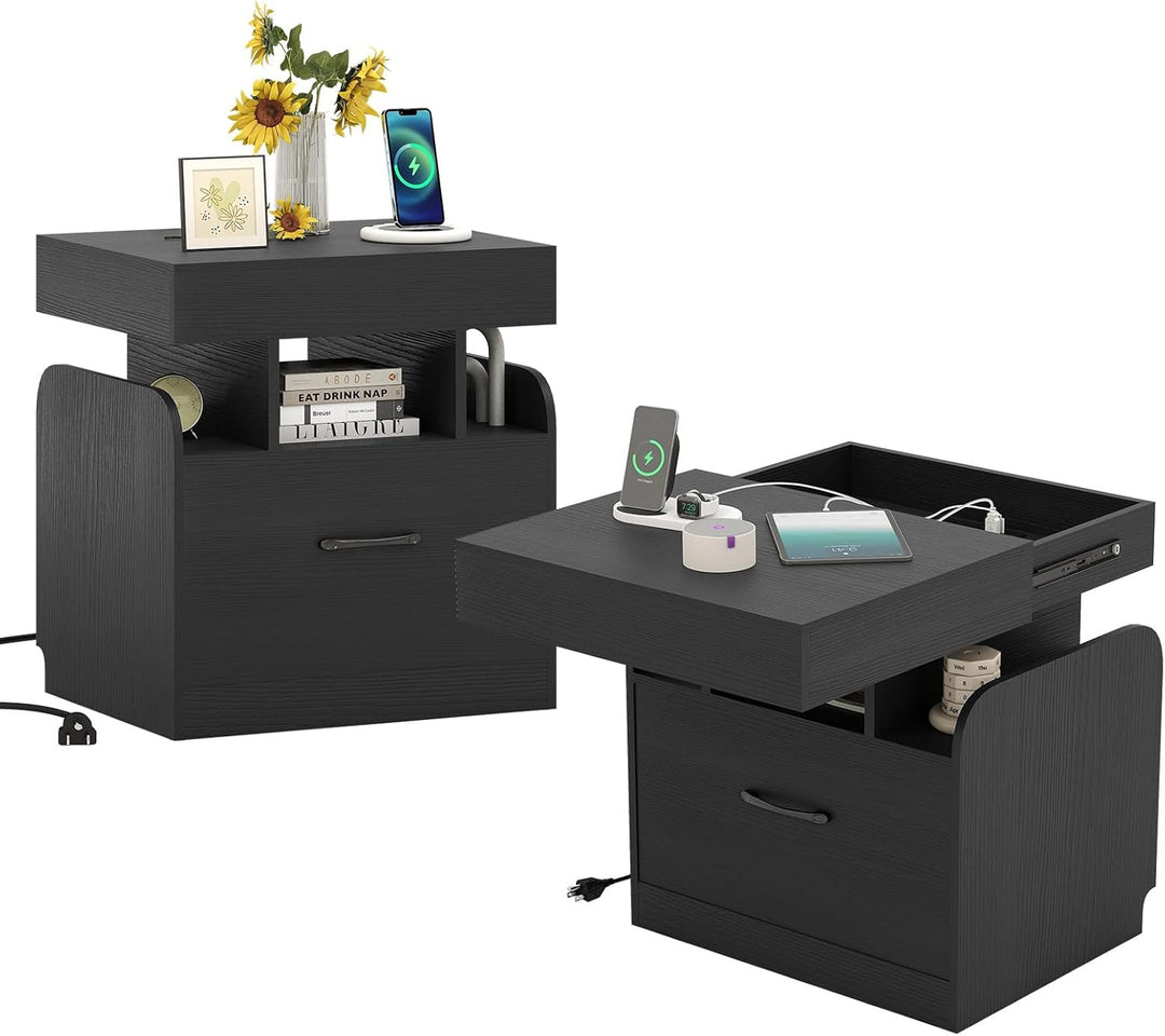 Giantex Nightstand with Charging Station Modern Bedside Table for Living Room Bedroom Office