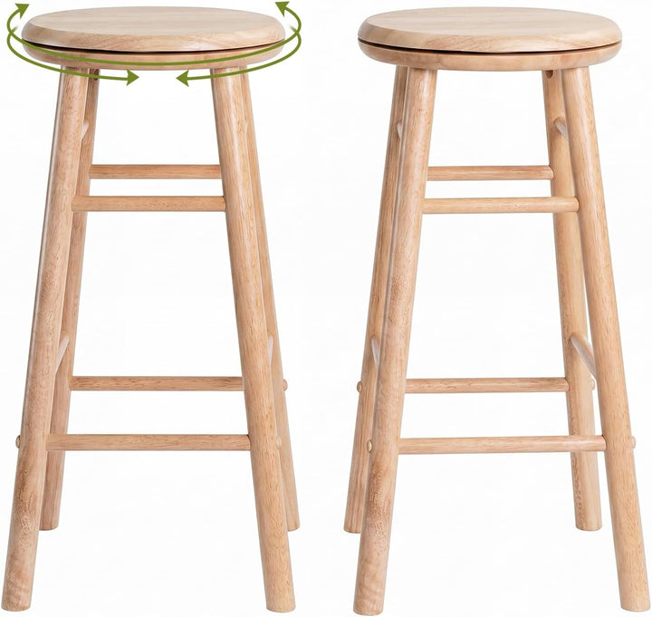 GIANTEX 24 Inch Swivel Bar Stools Set of 2, Rubber Wood, Walnut | Round Bar Chairs w/Backless Design