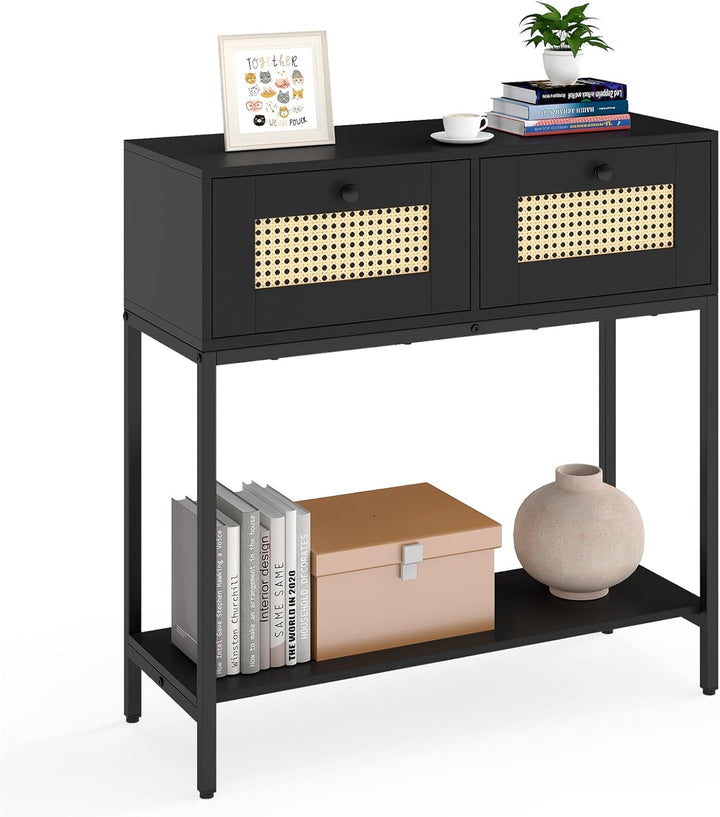 Giantex Rattan Console Table 32" Boho Entryway Table with 2 Drawers