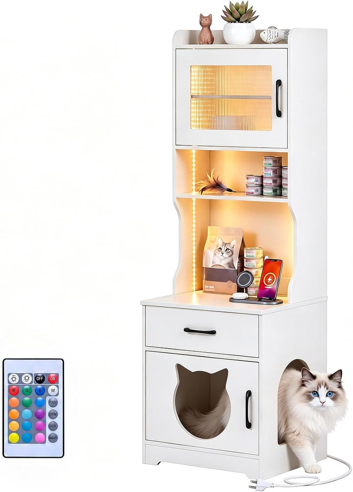 GIANTEX 60" Tall Cat Litter Box Enclosure with Storage Shelves &amp; LED Light