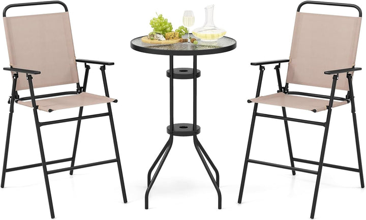Giantex 3 PCS Outdoor Bistro Set, Patio Bar Table with 2 Folding Chairs