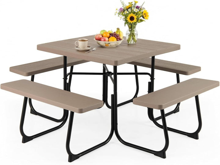 Giantex Picnic Table Set for 4-8 Persons, Outdoor Table and Bench Set with Umbrella Hole, HDPE Top &amp; Metal Frame