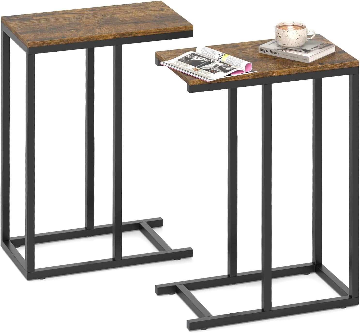Giantex C Shaped End Table, Small Side Table for Sofa, Couch Table That Slide Under with Metal Frame
