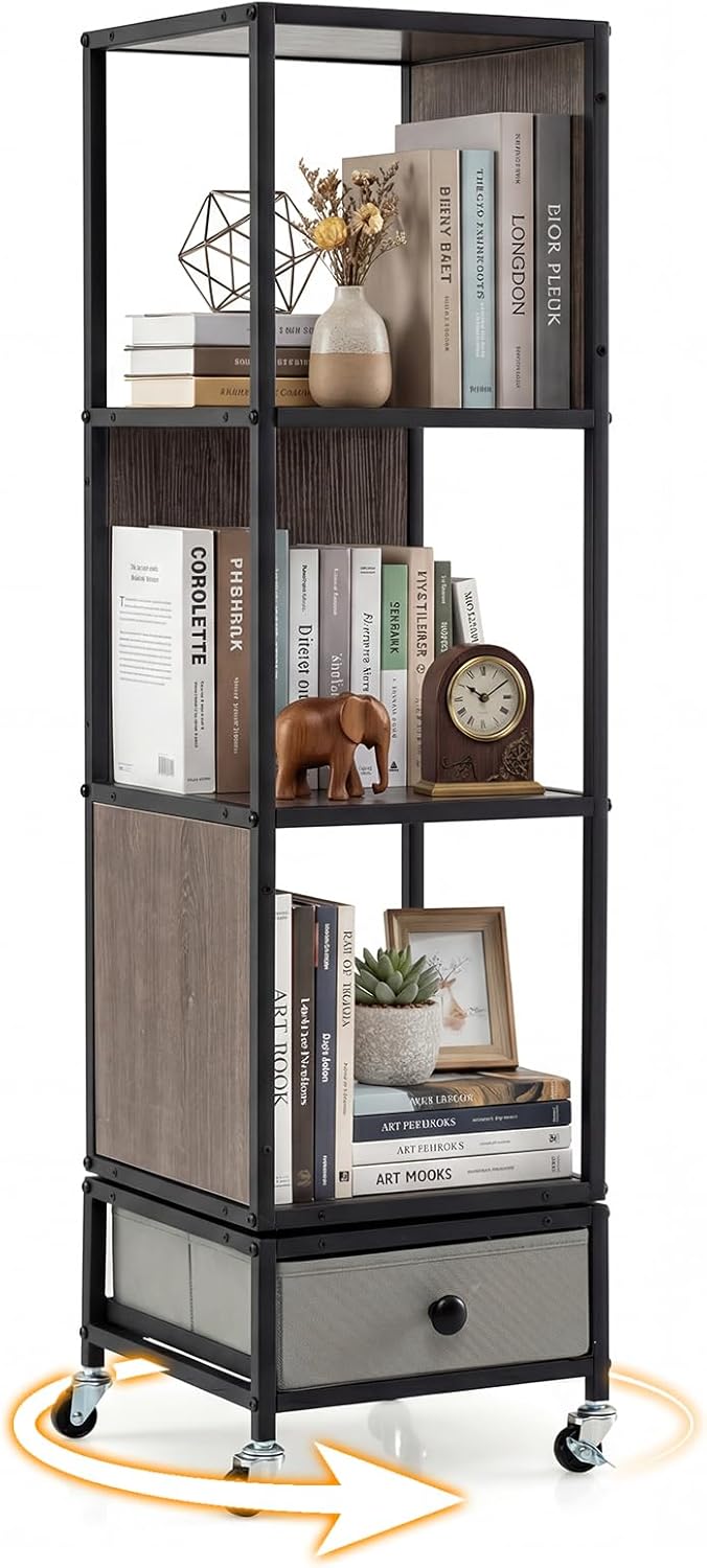 Giantex 4-Tier Rotating Bookshelf | 360° Spinning Corner Book Shelf Tower W/Removable Fabric Storage Drawer