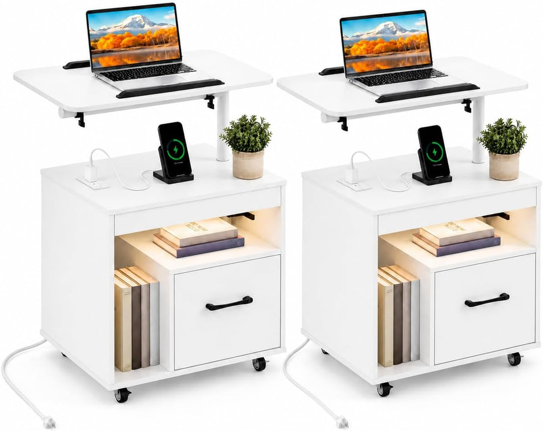 GIANTEX LED Nightstand with Charging Station, Rolling Bedside Table