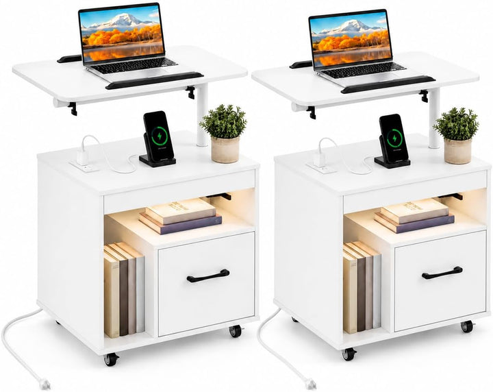GIANTEX LED Nightstand with Charging Station, Rolling Bedside Table