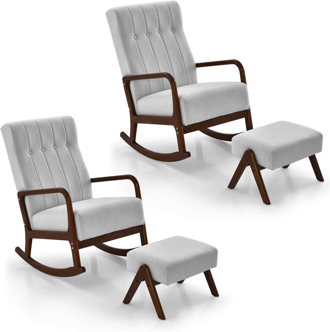 Giantex Rocking Chair with Ottoman, Upholstered Rocker Chair with Solid Rubber Wood Frame