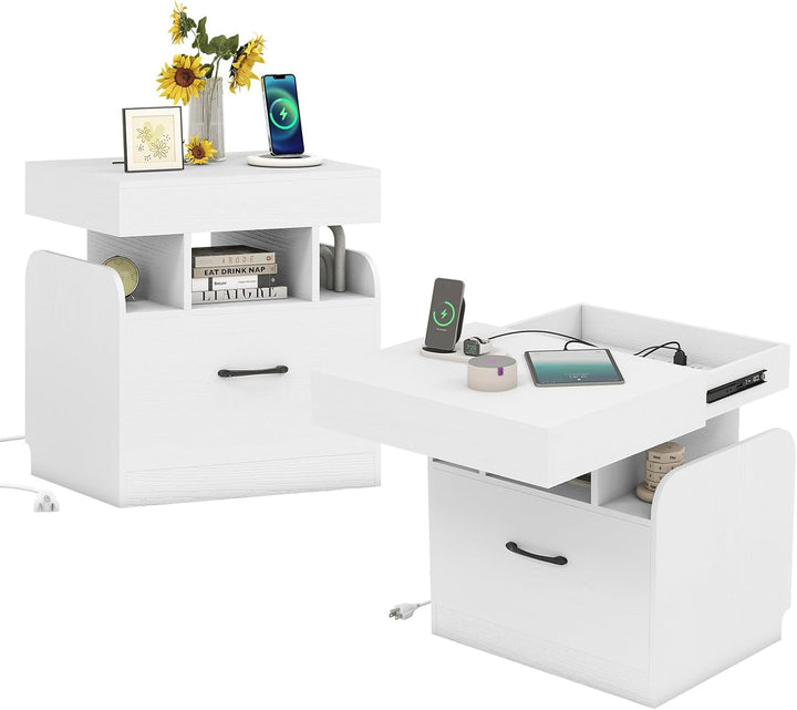 Giantex Nightstand with Charging Station Modern Bedside Table for Living Room Bedroom Office