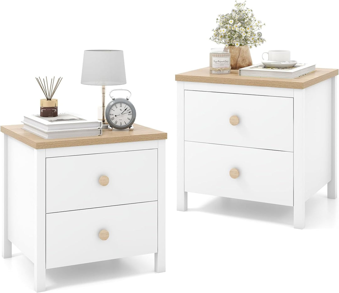 Giantex Night Stand with 2 Drawers, Farmhouse Bedside Table with Cute Round Knobs