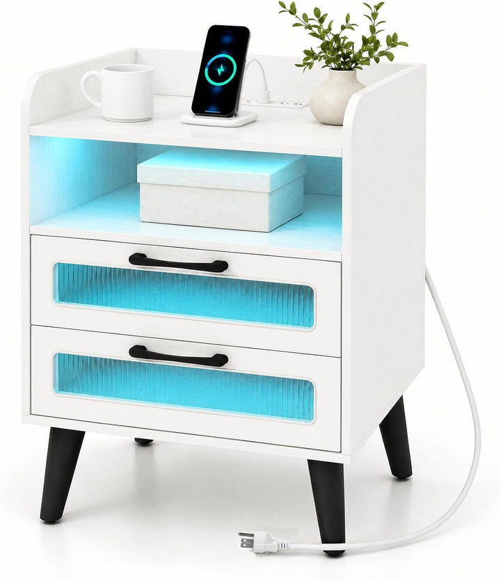 GIANTEX Fluted Nightstand with Charging Station &amp; LED Lights