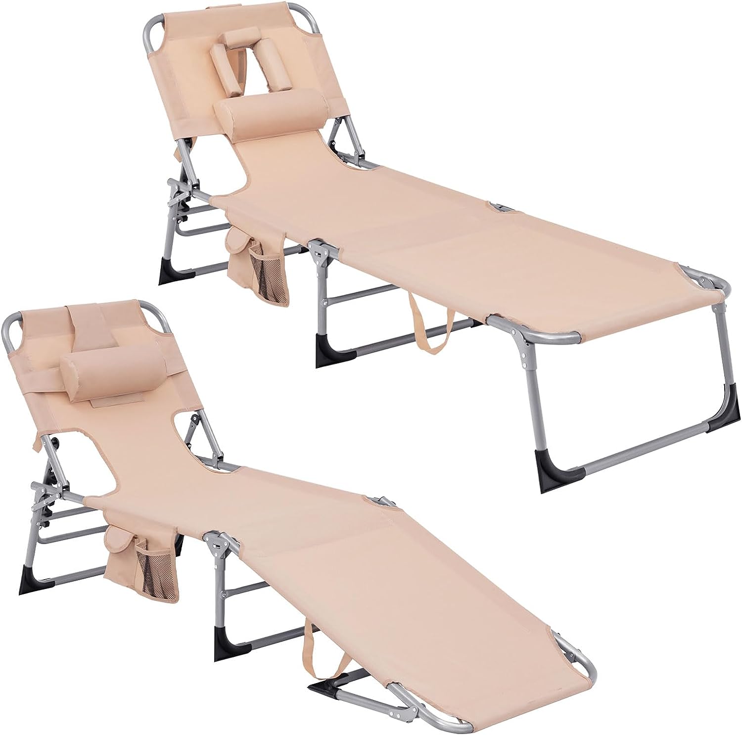 Giantex Tanning Chair Folding Beach Chair w/Face Arm Hole, Washable Pillow, Pocket