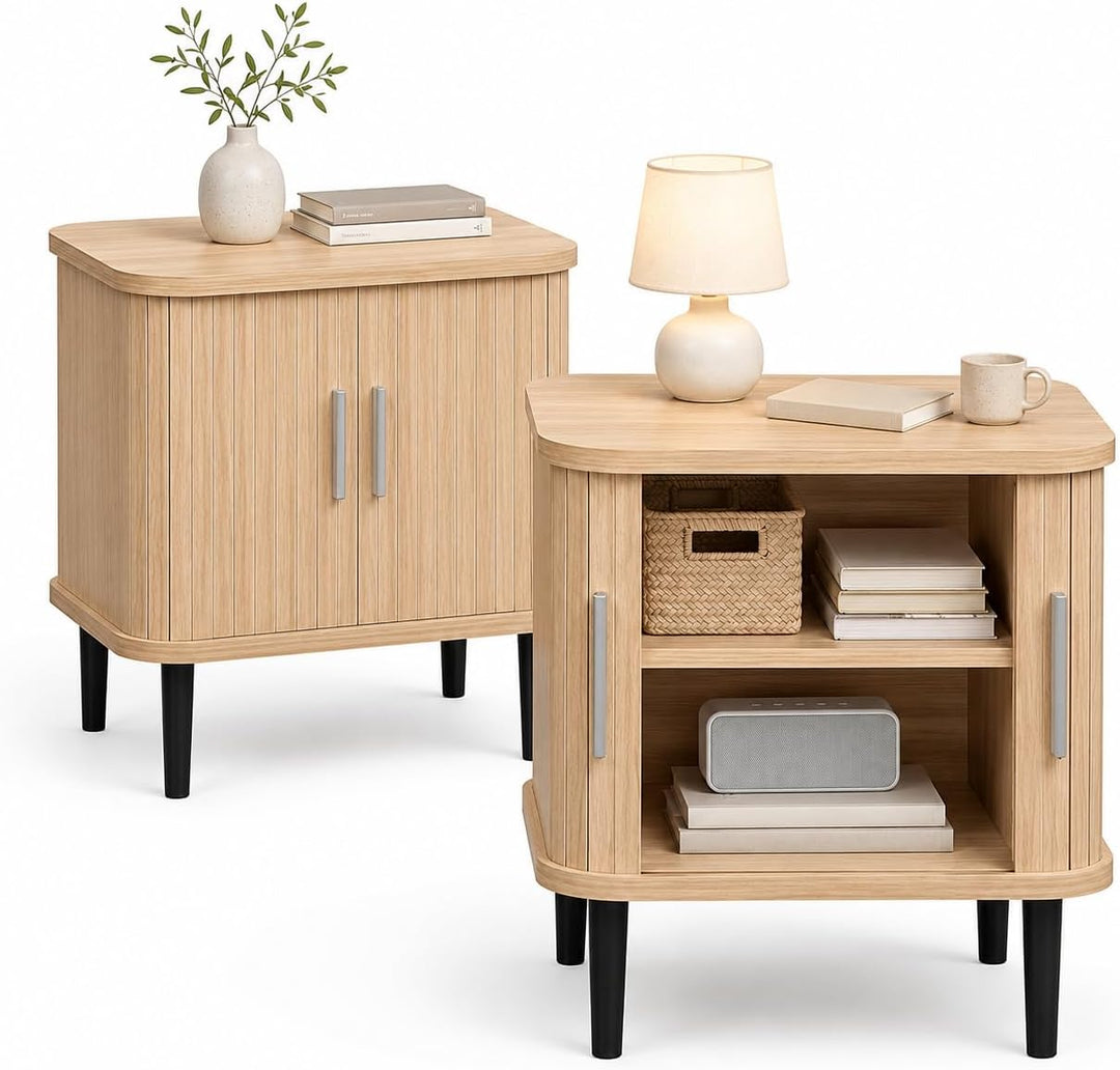 GIANTEX Fluted Nightstand with Sliding Doors &amp; Adjustable Shelf