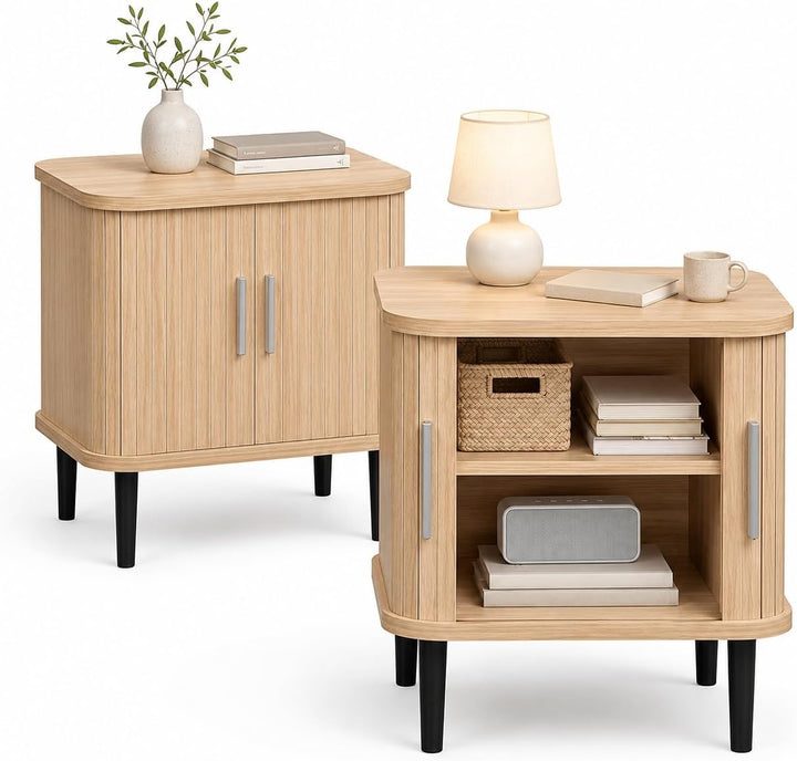 GIANTEX Fluted Nightstand with Sliding Doors &amp; Adjustable Shelf